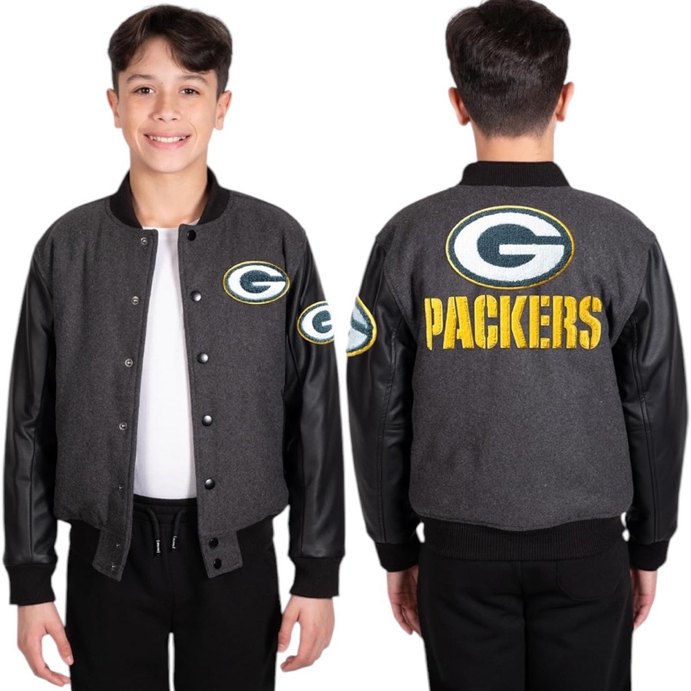 NFL Green Bay Packers Varsity Jacket, Charcoal Heather, Size L (14-16)